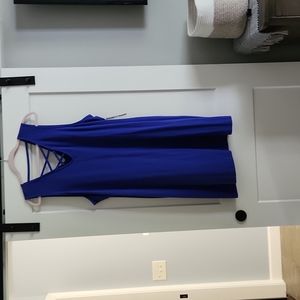 NYC blue summer knit dress with criss cross v neck front